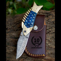 Luxury Damascus Fish Pocket Knife Blue Wood Handle Birthday Gift Folding Knife Best man Gift Anniversary Wedding Personalized Gift for Men