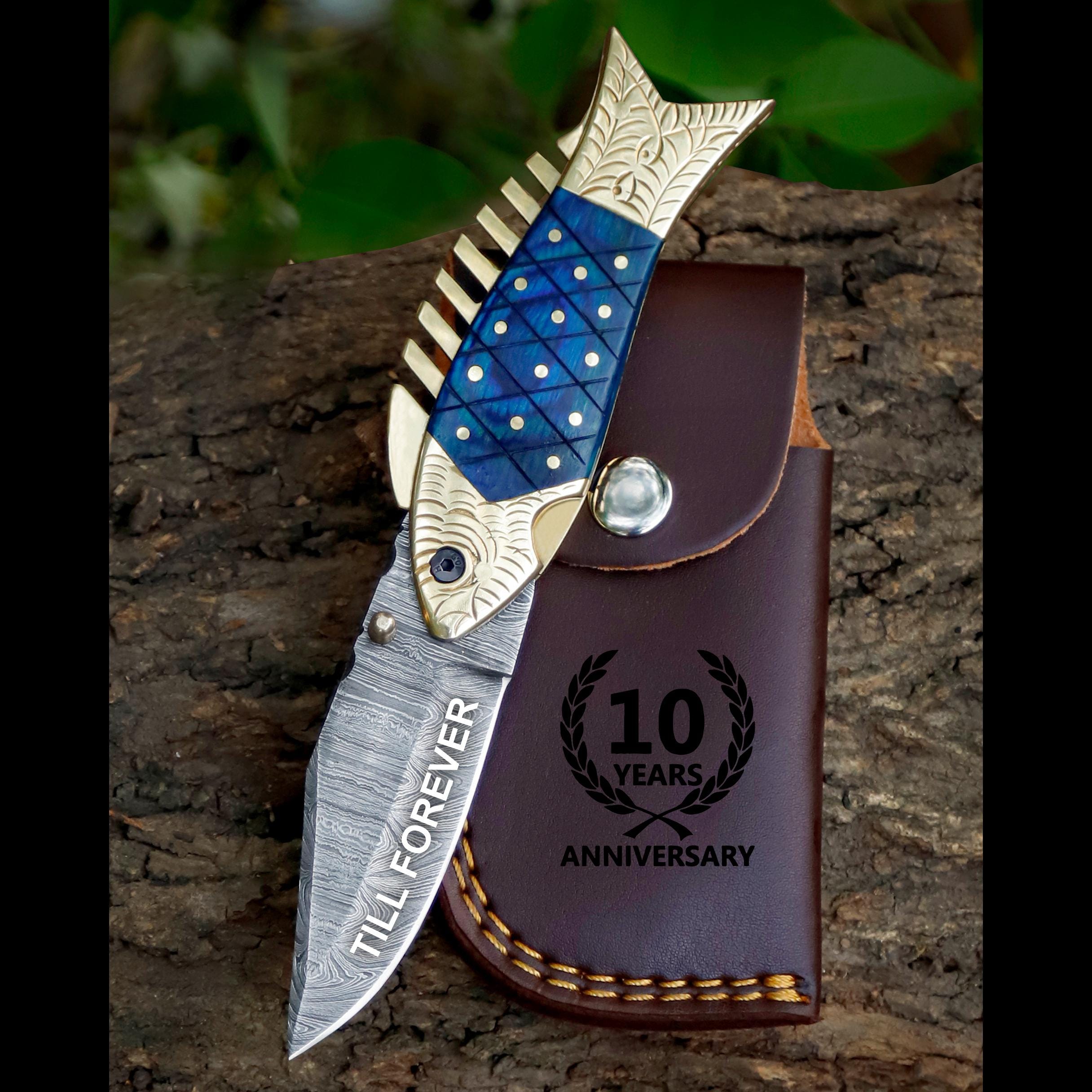 Luxury Damascus Fish Pocket Knife Blue Wood Handle Birthday Gift Folding Knife Best man Gift Anniversary Wedding Personalized Gift for Men