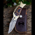 Personalized Damascus Folding Knife, Engraved Brass Handle, Groomsmen Gift, Wedding Anniversary Gift for Husband, boyfriend Gift for Men