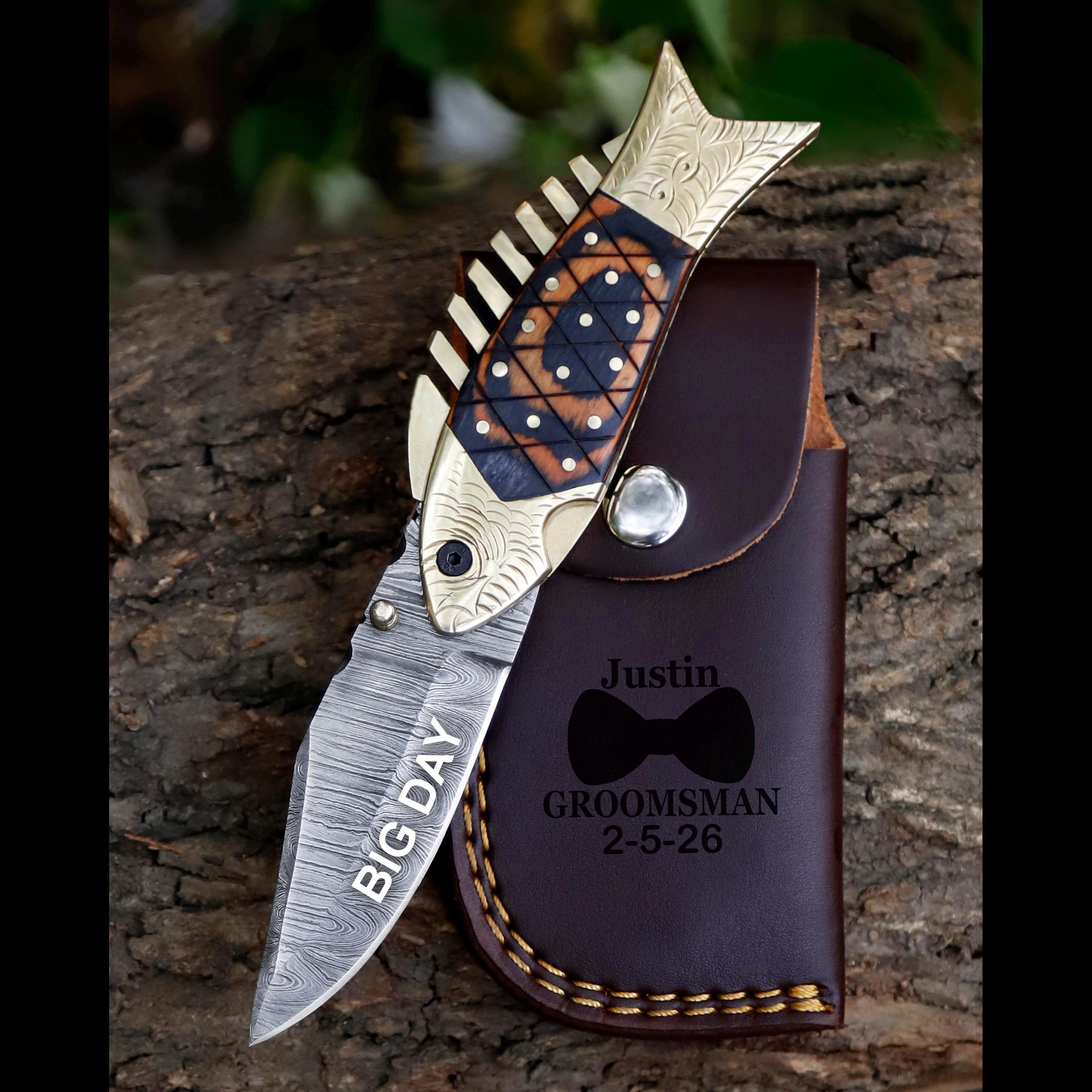 Personalized Damascus Folding Knife, Engraved Brass Handle, Groomsmen Gift, Wedding Anniversary Gift for Husband, boyfriend Gift for Men