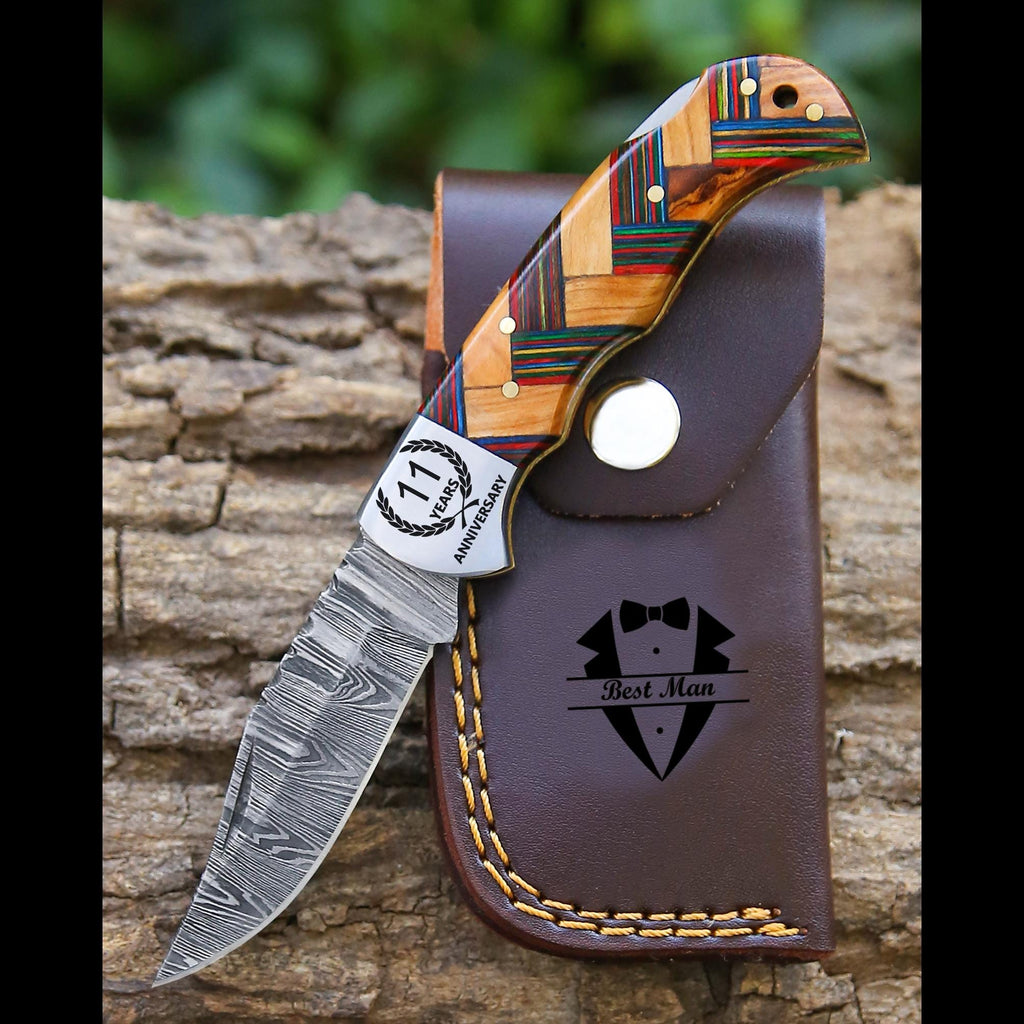 Handmade Damascus Pocket Knife Olive Wood Handle Birthday Gift Folding Knife Groomsmen Gift Anniversary Wedding Personalized Gift for Men